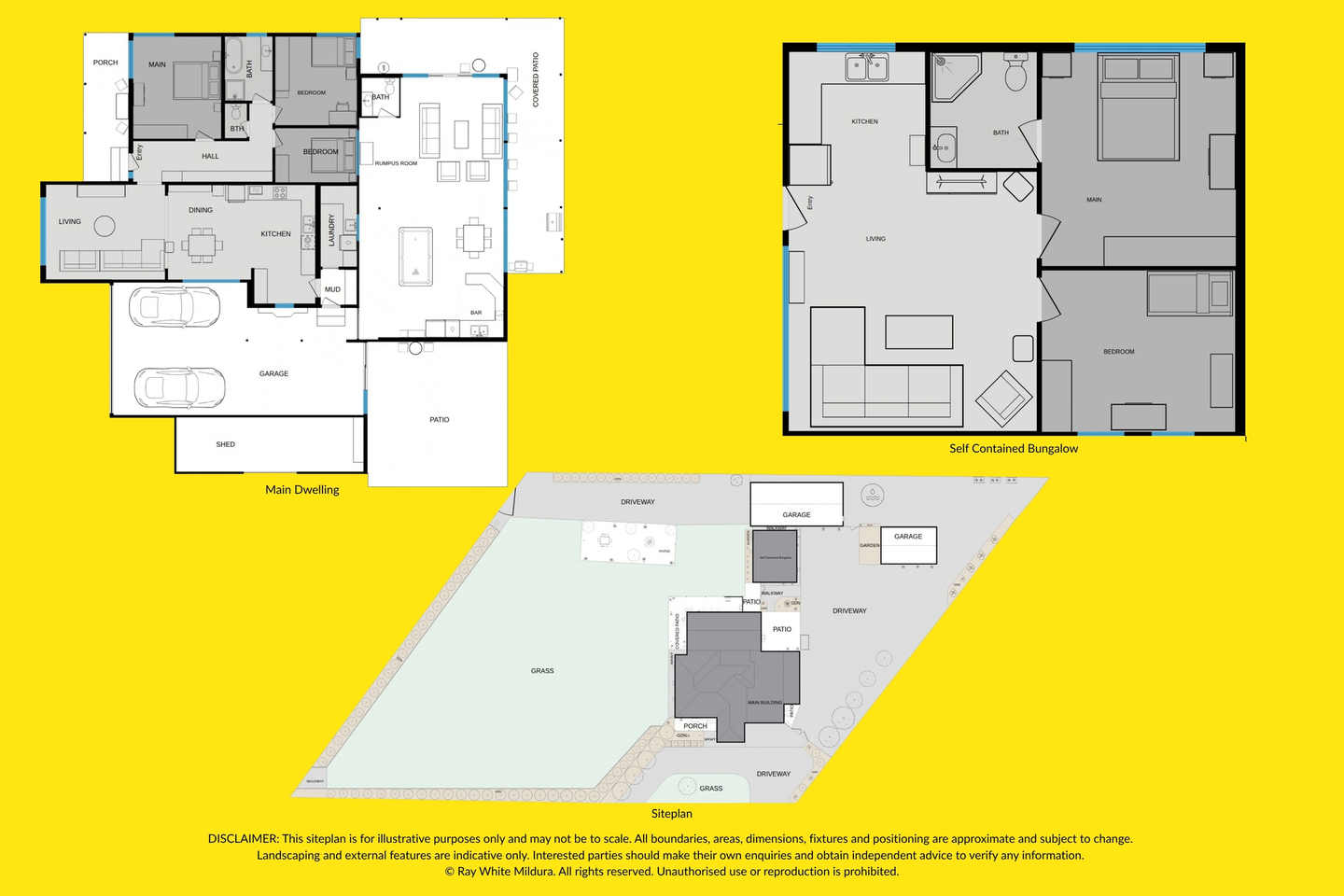 Floor plans of the main residence and self-contained bungalow, with the full site plan